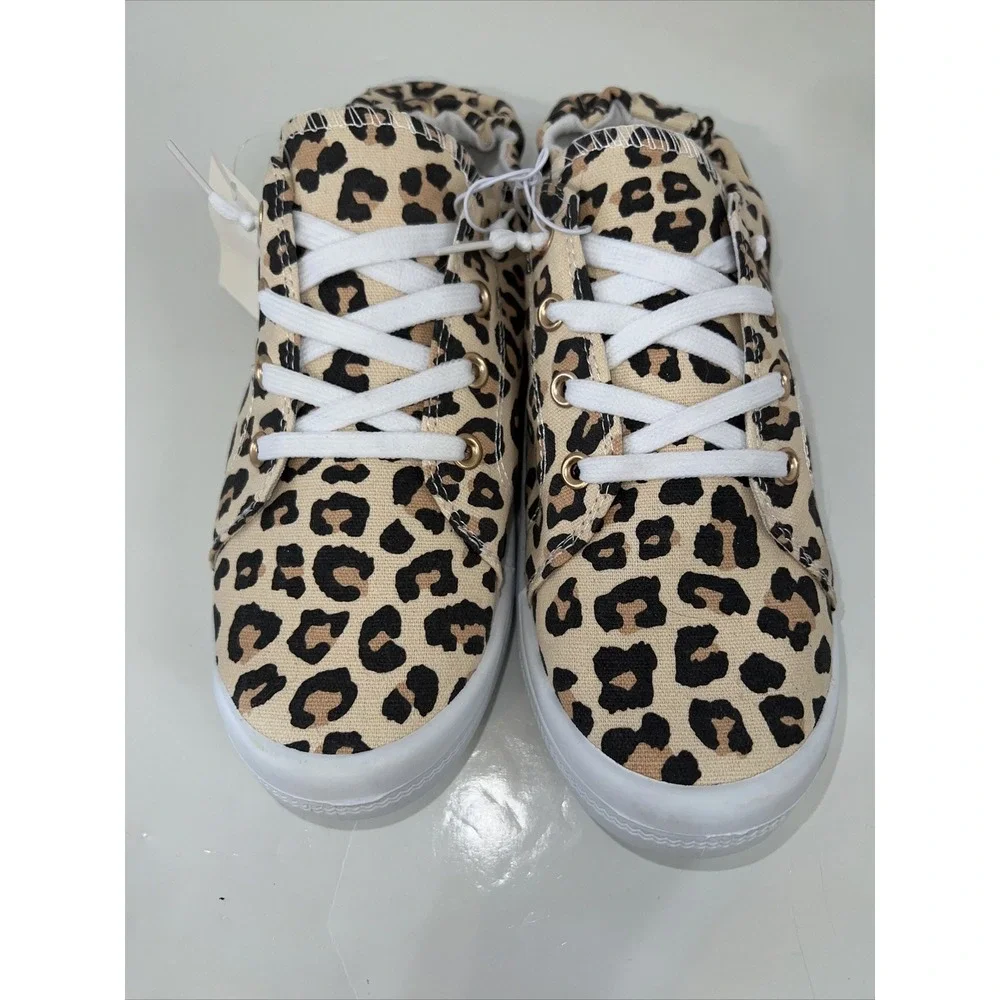 Leopard Women‎ Lace Up Canvas Shoes Low Top Slip On Sneakers Walking Flats Shoes